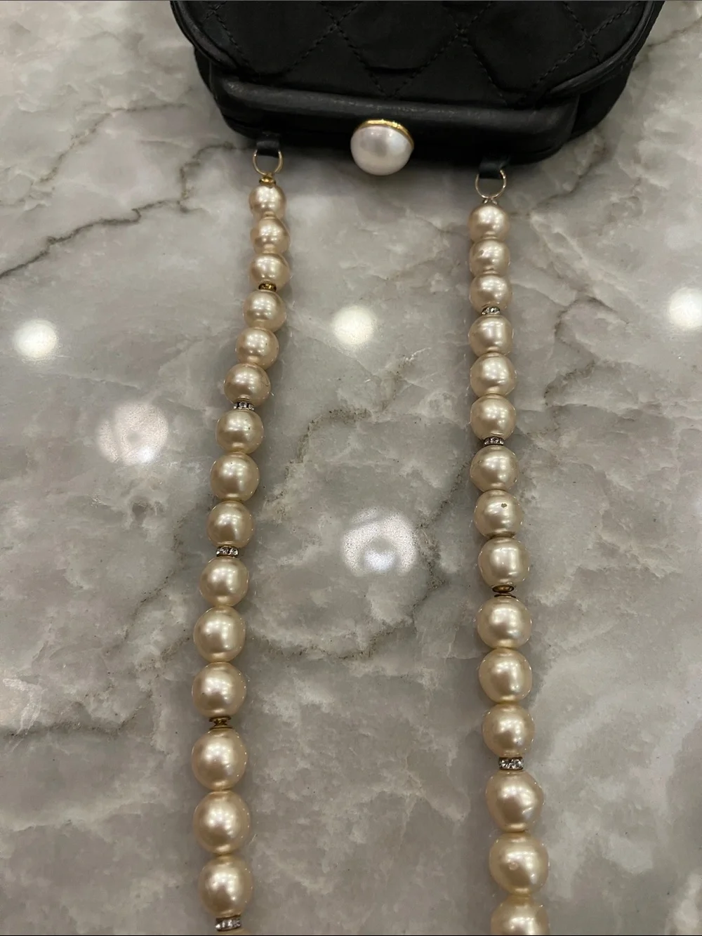 Black Satin Authentic Chanel Evening Bag with faux pearl strap.